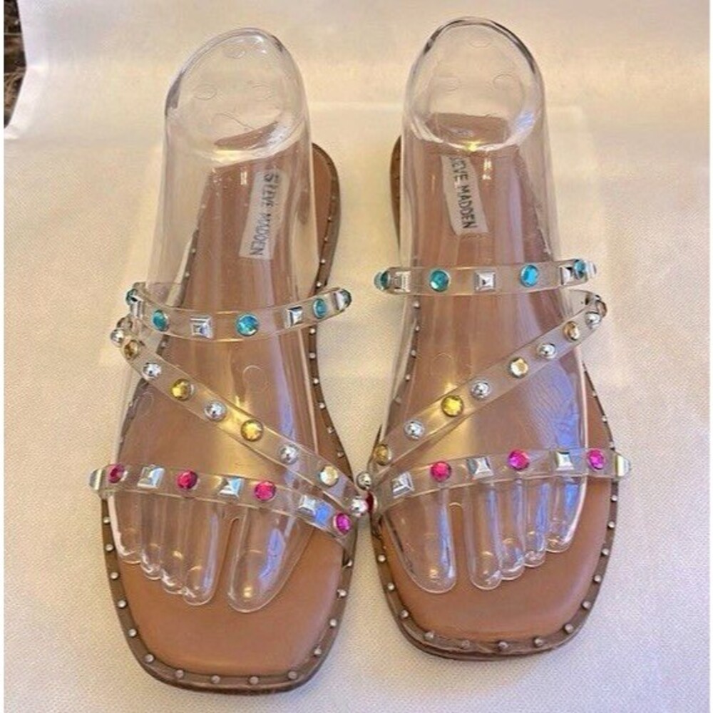 Steve Madden Women's Clear Strappy Studded Rhinestone Slide Sandals US 9